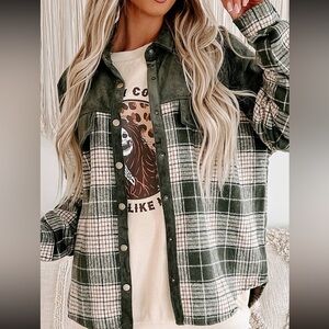 Forest Green Fleece and Corduroy Plaid Shacket Size XL